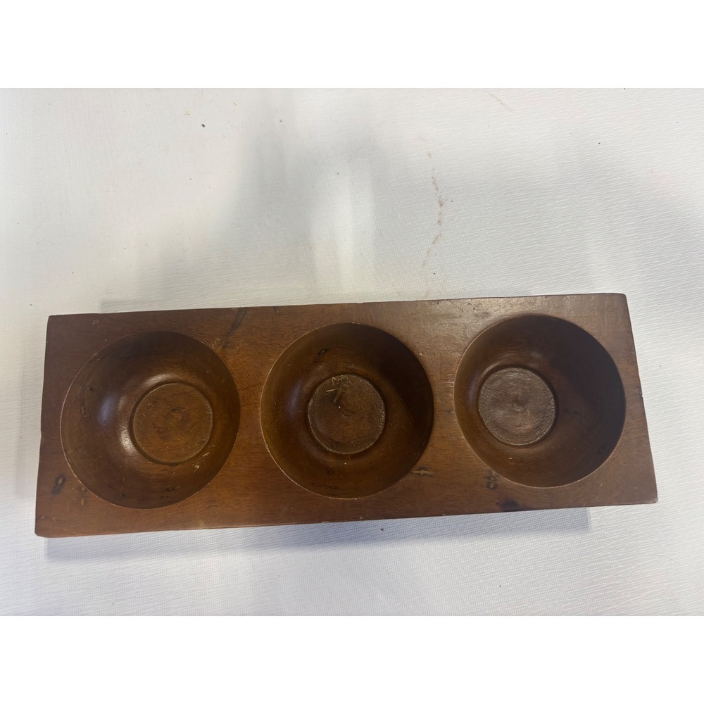 Vintage Hand Carved Wooden 3 Compartment Snack Server Condiment Candle Holder - Picture 4 of 7